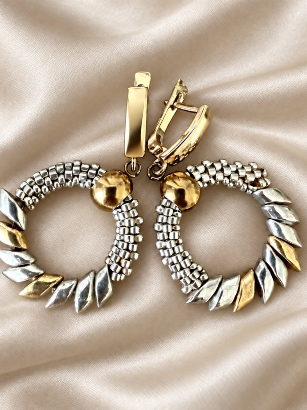 Handmade Two-Tone Beaded Hoop Earrings | Japanese Beads | Gold & Silver Tone